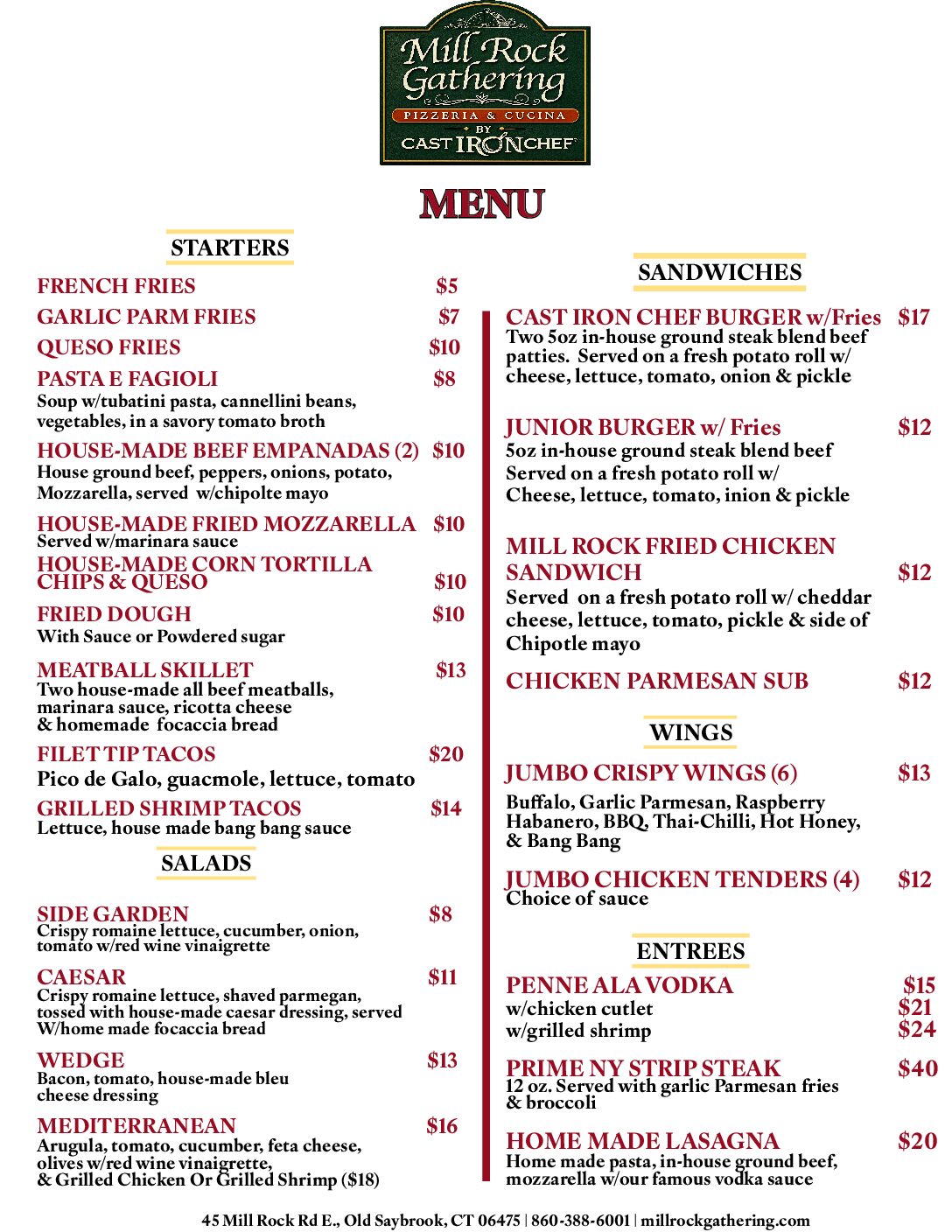 Mill Rock Gathering food menu — starters, salads, sandwiches, wings and entrees in Old Saybrook, CT