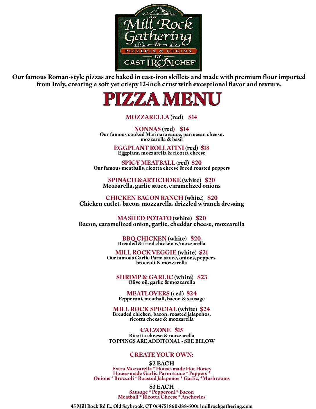 Mill Rock Gathering pizza menu — Roman-style cast-iron skillet pizzas and calzone